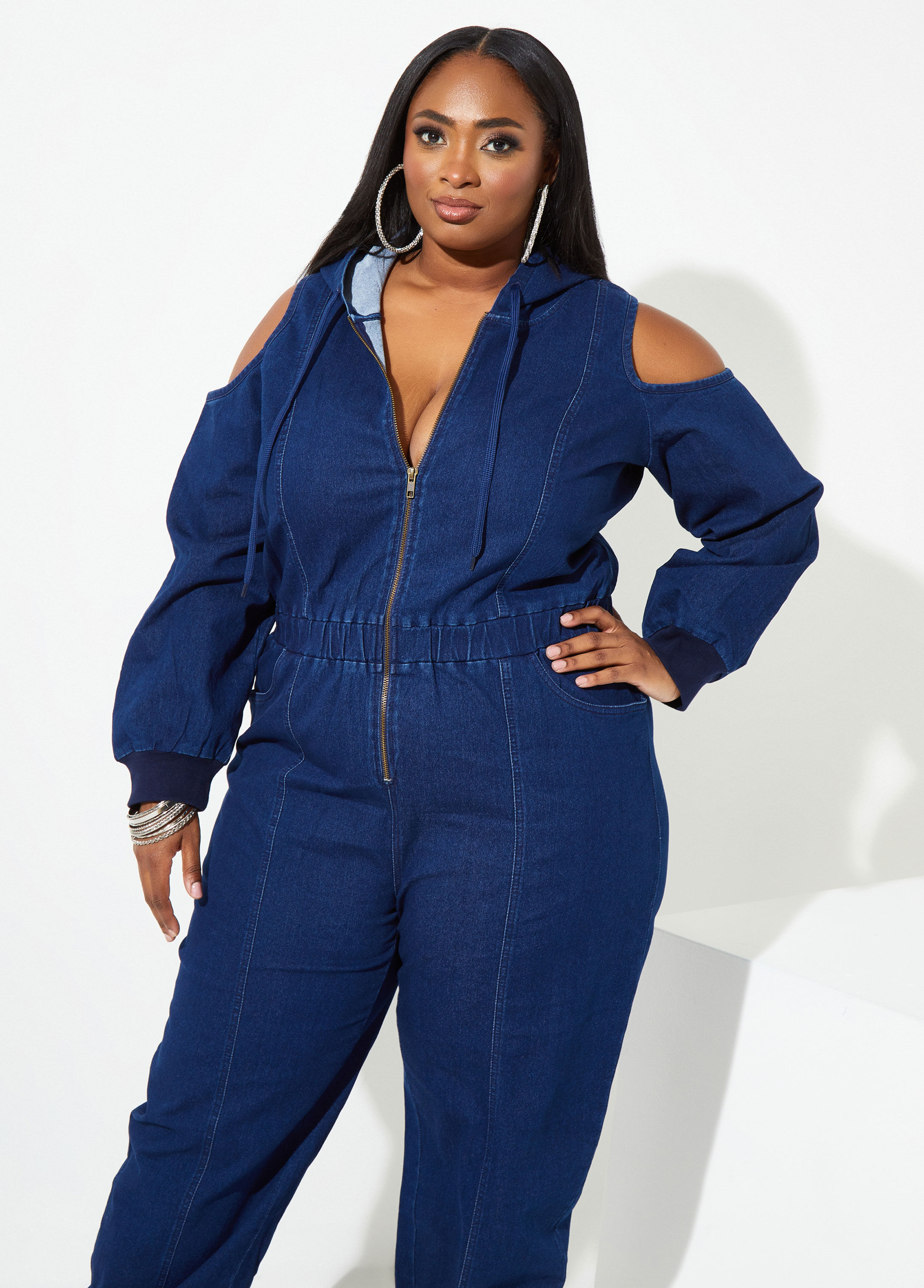 cold shoulder denim jumpsuit