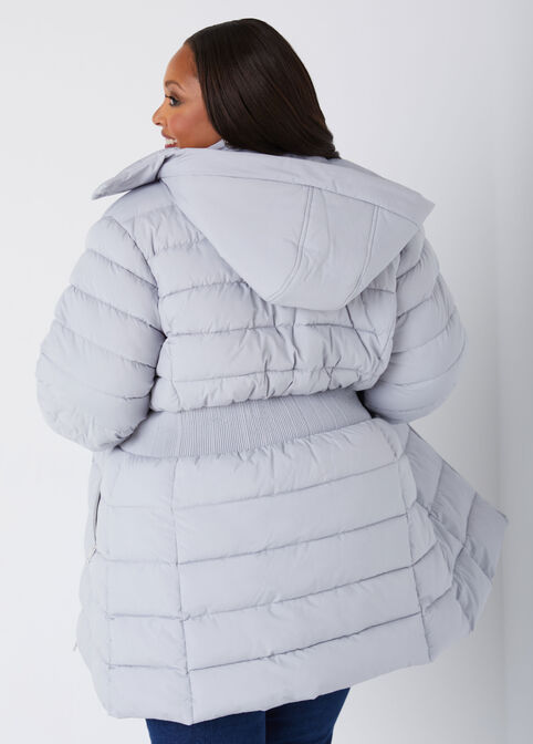 Hooded Ribbed Puffer Coat, Silver image number 1