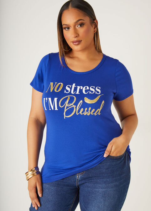 No Stress Glittered Graphic Tee, Royal Blue image number 0