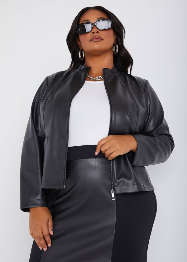 Ponte Paneled Faux Leather Jacket, Black image number 0