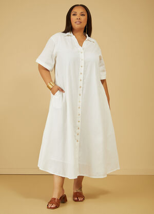 Linen Blend Maxi Shirtdress, White image number 0