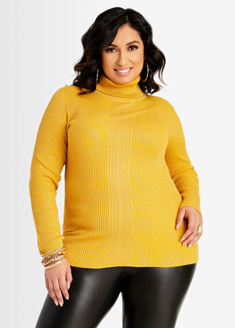 Plus Size Lurex Classic Stretch Ribbed Knit Fitted Turtleneck Sweater
