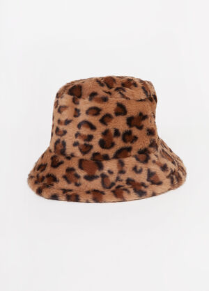 Leopard Faux Fur Bucket Hat, Brown Animal image number 0