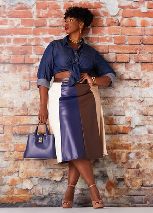 Colorblock Faux Leather Midi Skirt, Multi image number 0