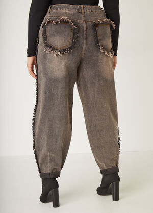 Frayed Mid Rise Barrel Jeans, Grey image number 1