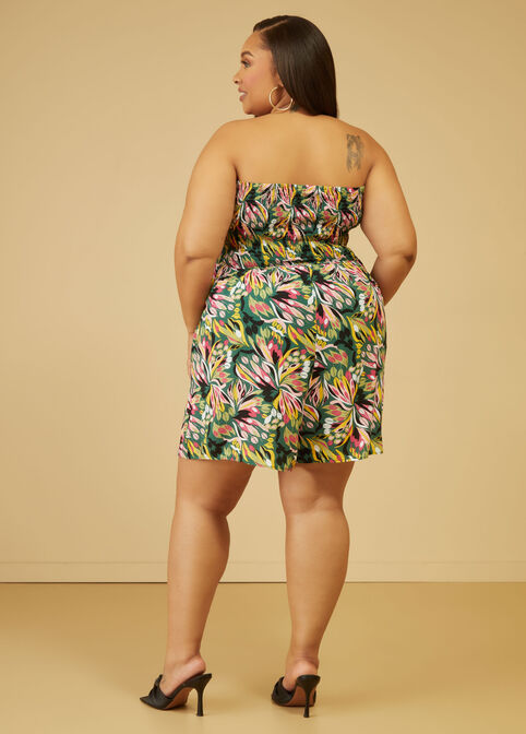 Strapless Floral Print Romper, Green image number 1