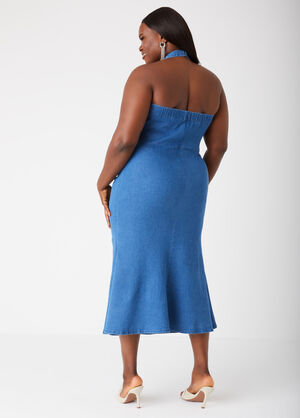 Rosette Denim Halter Dress, Medium Blue image number 1