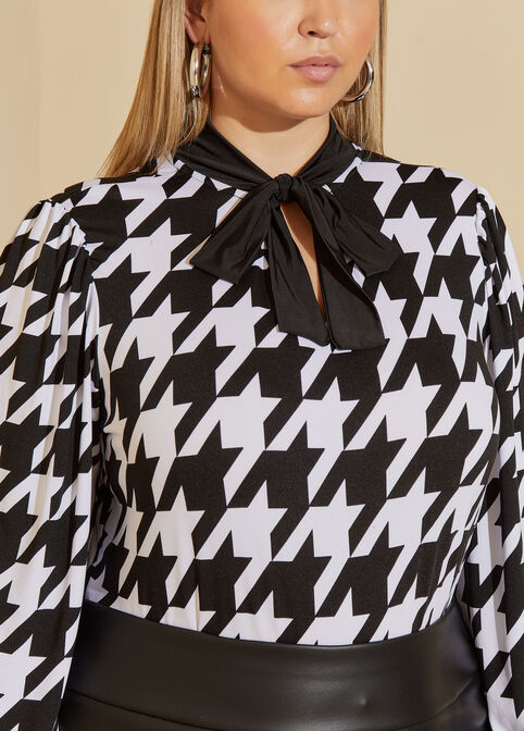 Tie Neck Houndstooth Top, Multi image number 2