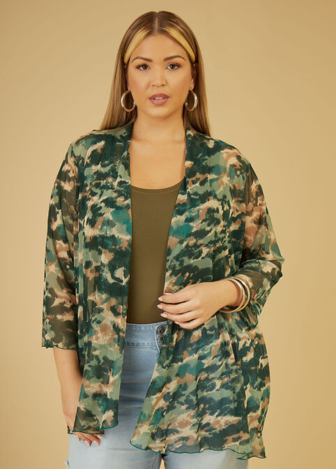 Camo Open Front Mesh Duster, Green image number 0