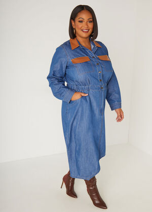 Faux Leather And Chambray Shirtdress, Denim image number 0