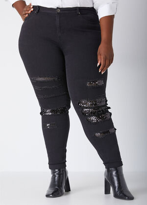 High Rise Sequined Skinny Jeans, Black image number 0