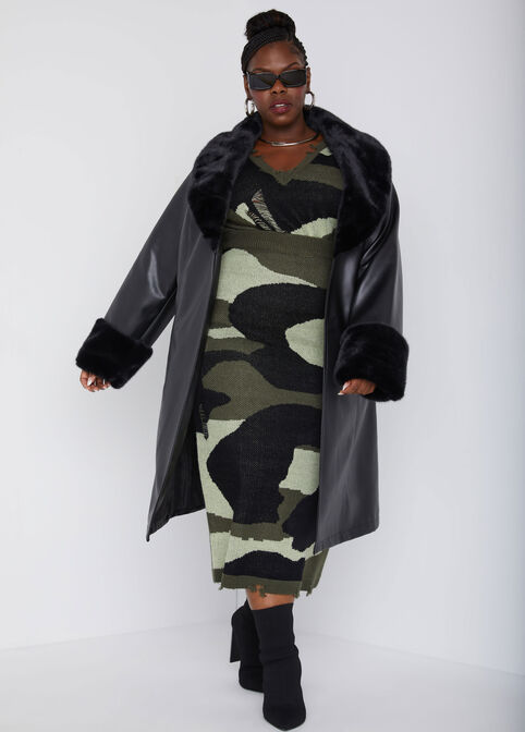 Faux Fur Trimmed Trench Coat, Black image number 2