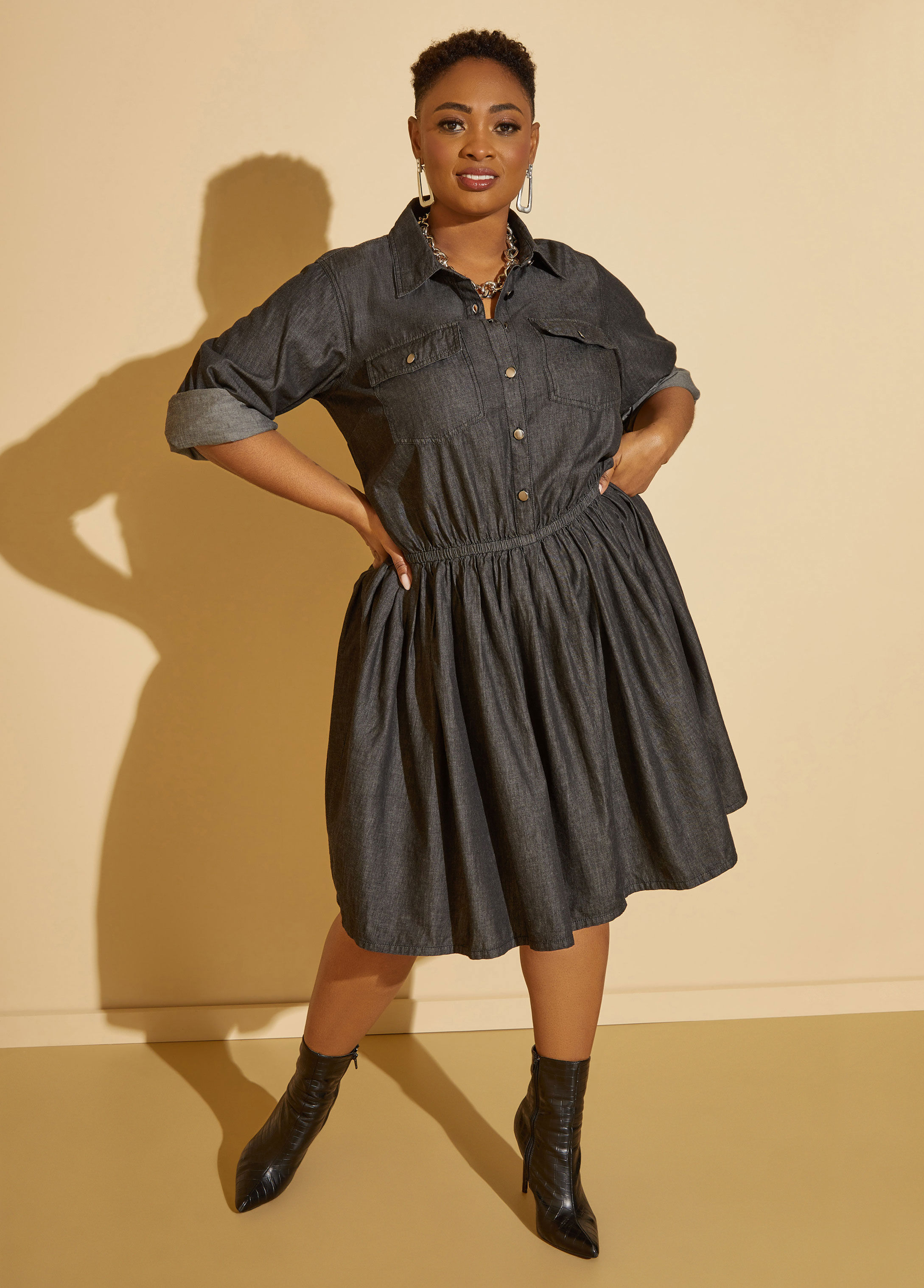 BEBUTTON Womens Summer Casual Solid Shirt Dress V-Neck Long Sleeve Maxi Denim  Dresses with Pocket Dark Blue L - Walmart.com