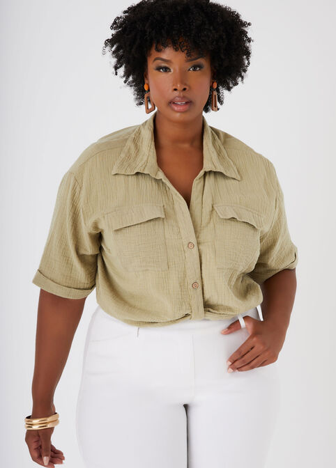 Cropped Cotton Gauze Shirt, Green image number 0