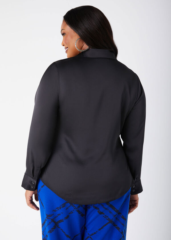 Ruched Satin Shirt, Black image number 1