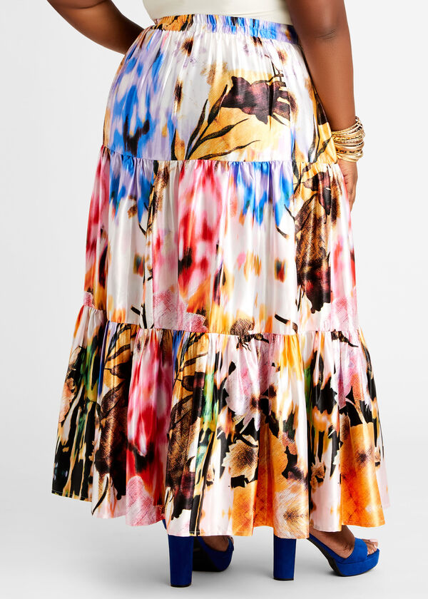 Plus Size Floral Tie Dye Satin Pull On Summer Spring Maxi Party Skirt