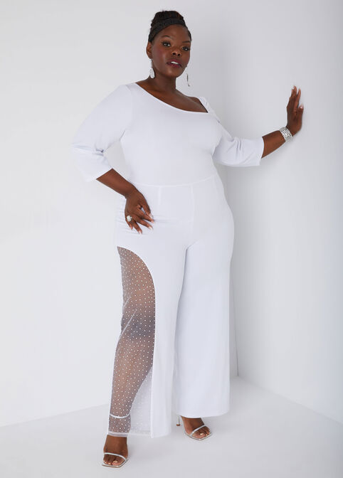 Embellished Mesh Paneled Jumpsuit, White image number 2