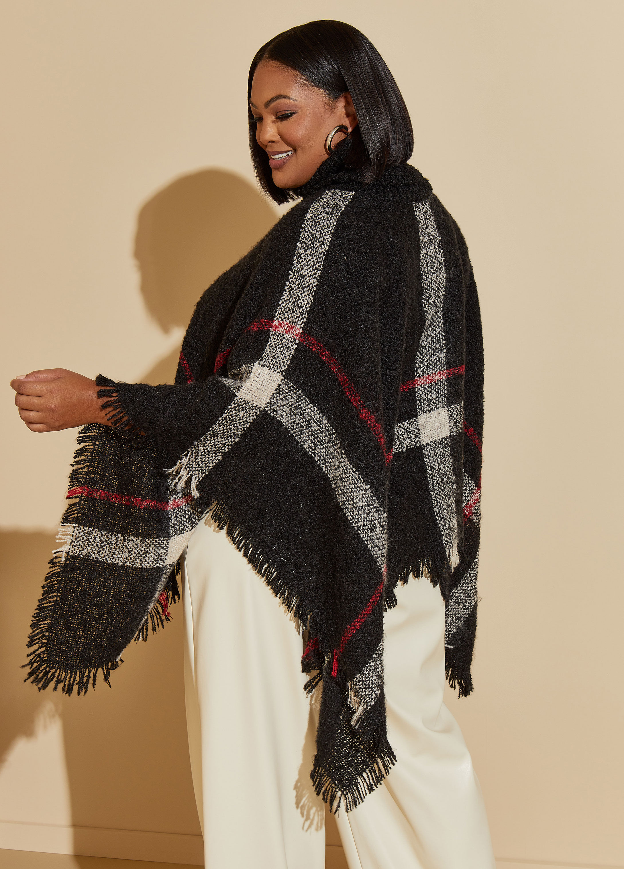 Plaid Bouclé Turtleneck Poncho