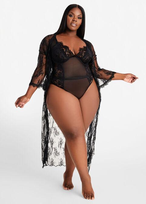 Black Lace Paneled Mesh Bodysuit, Black image number 2