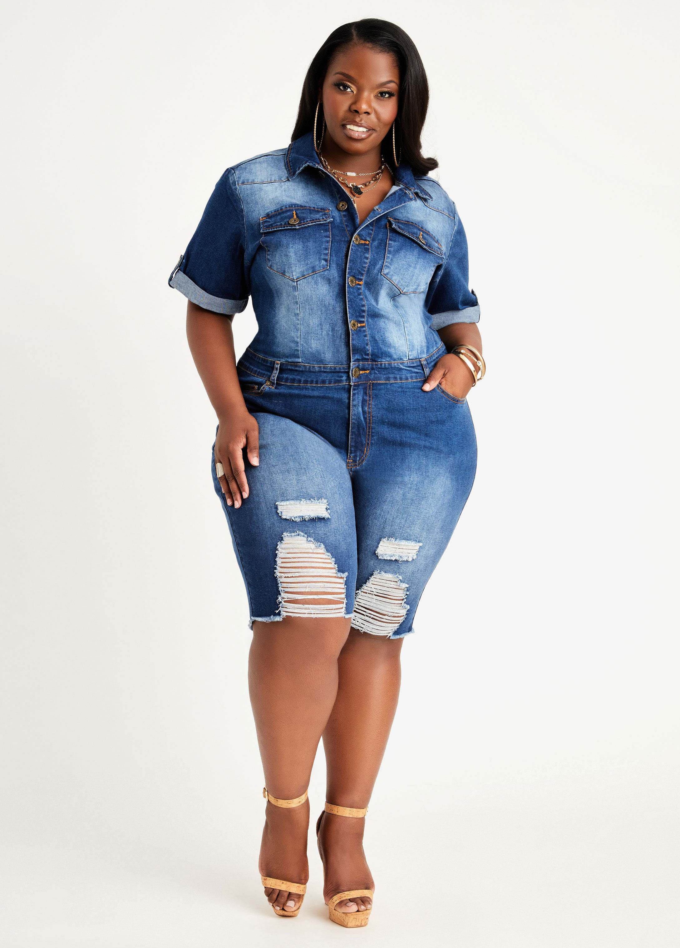 Plus Size Trendy Distressed Dark Wash Stretch Denim Sexy Romper