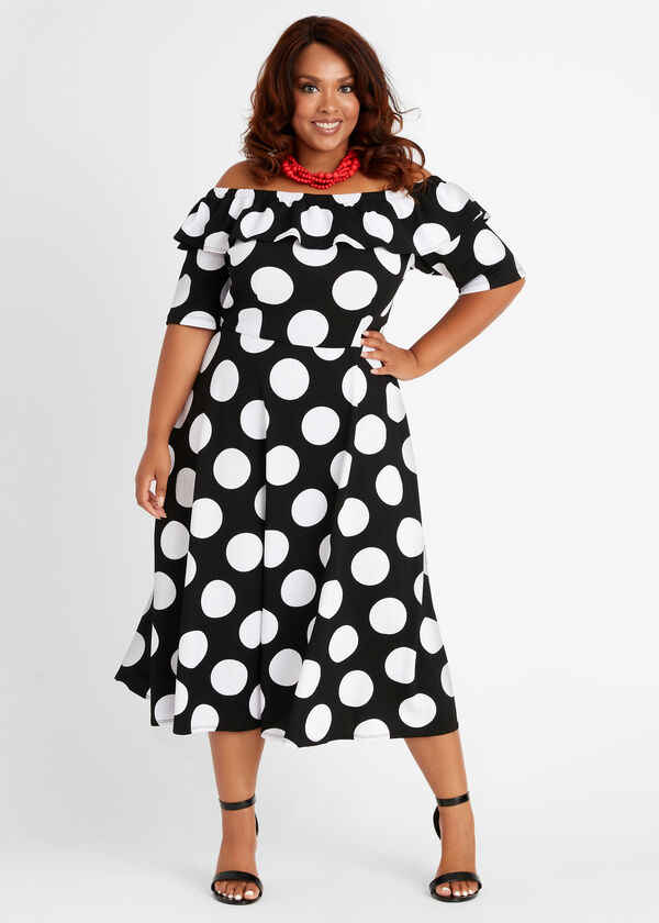 Plus Size Dot Colorblock Off The Shoulder Pique Chic Peasant Dress