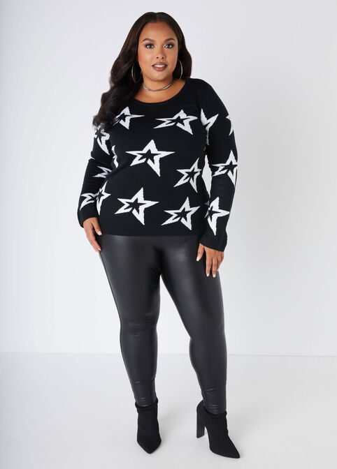 Star Jacquard Sweater, Black White image number 2