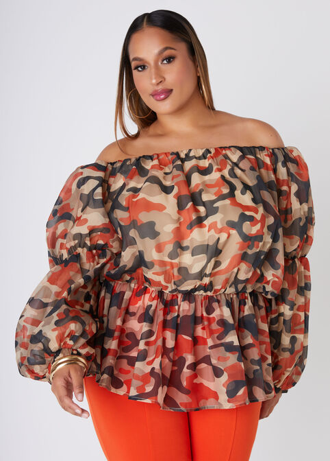 Camo Off The Shoulder Organza Top, Multi image number 0