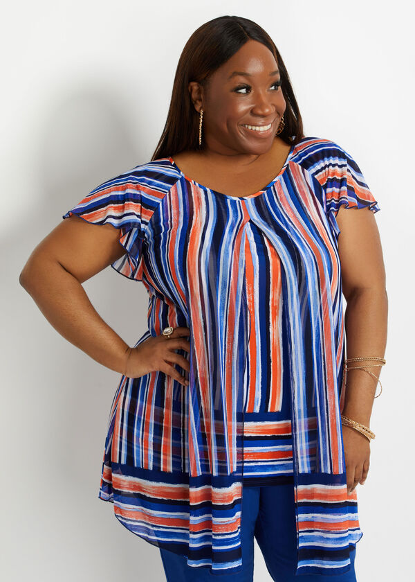 Plus Size Striped Mesh Layered Flyway Slit Front Crossover Tops
