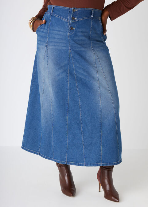 Seamed Denim Maxi Skirt, Medium Blue image number 2