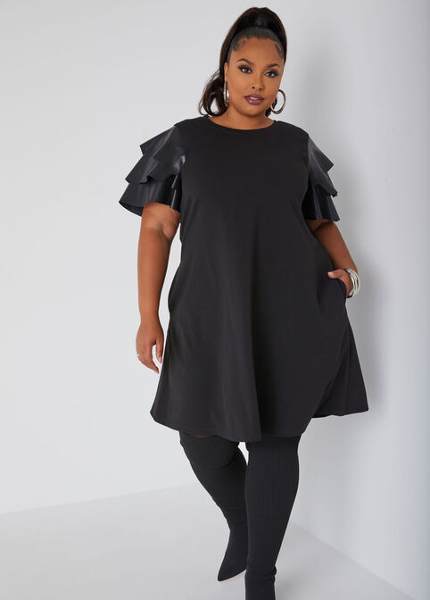 Ruffled Faux Leather Paneled Dress, Black image number 2