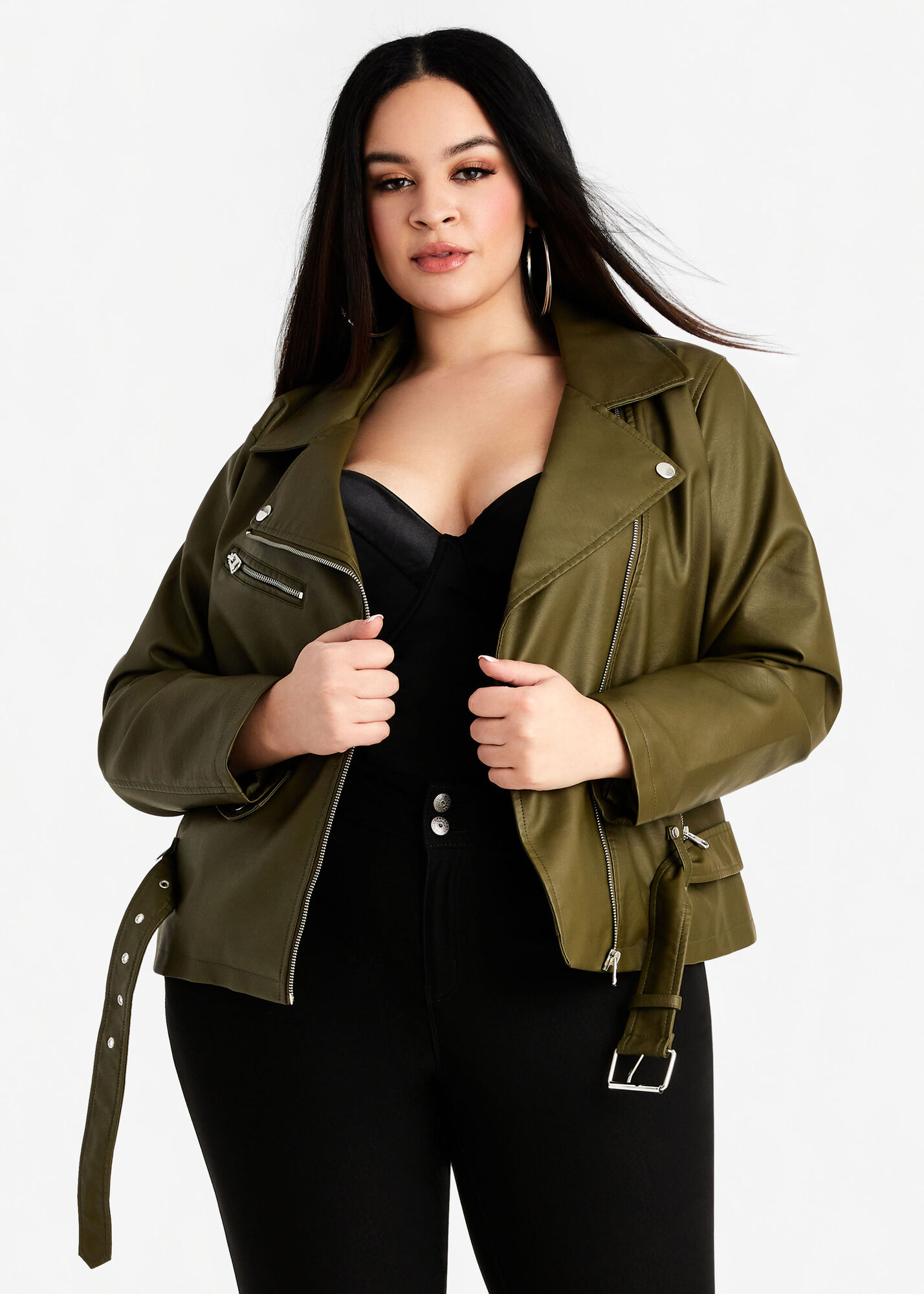 Belted Faux Leather Moto Jacket - Green