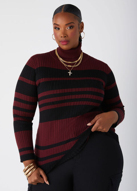 Striped Ribbed Turtleneck Sweater, Tawny Port image number 0