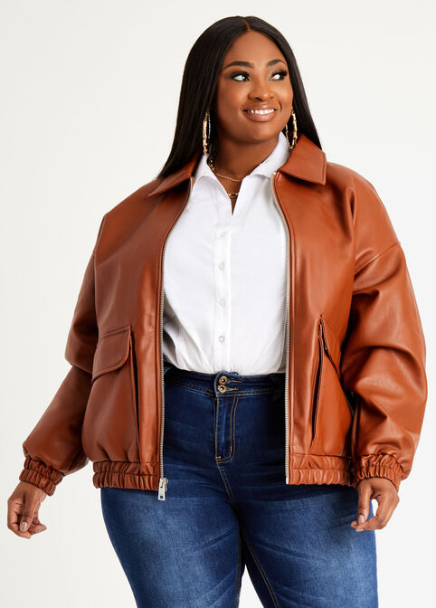 Levi's Women's Faux Leather Bomber with Laydown Collar, Biscotti