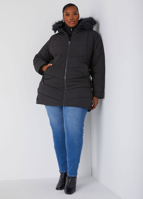 Snap Detailed Hooded Puffer Coat, Black image number 2