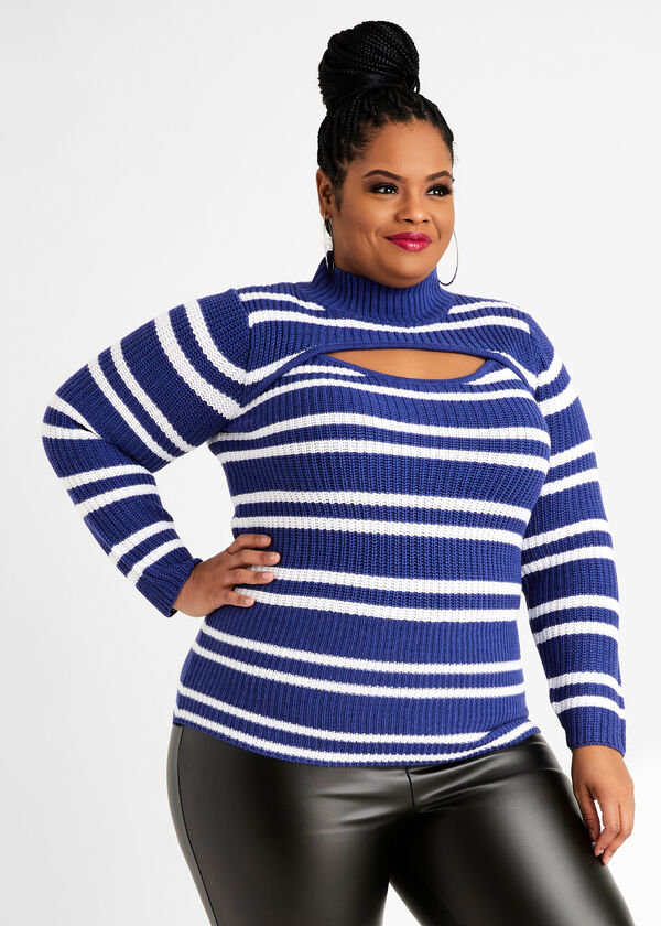 Plus Size Striped Cutout Mock Neck Cable Knit Cozy Chic Fitted Sweater