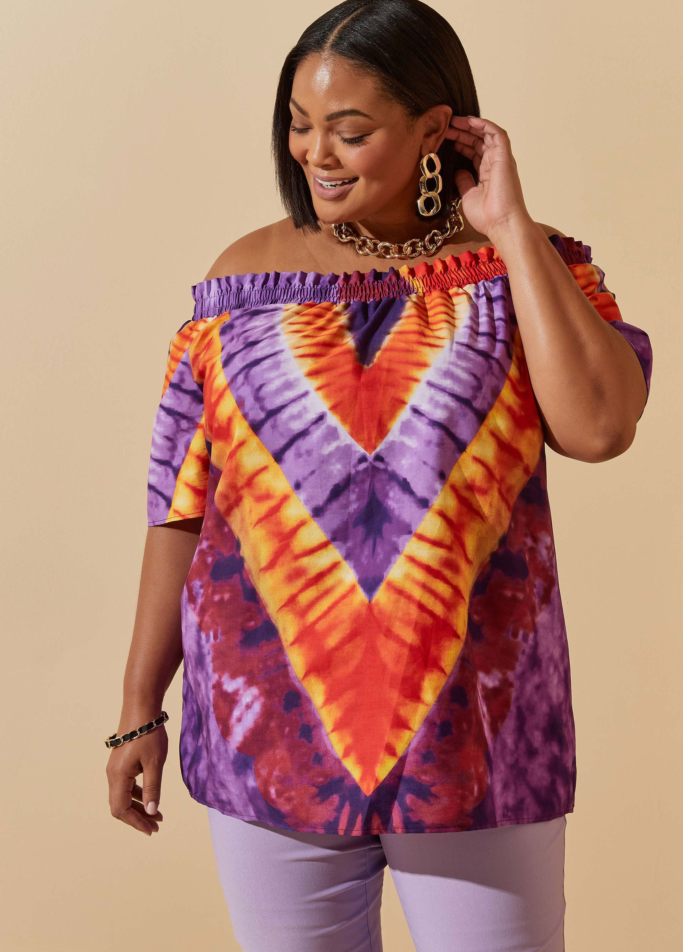 Plus Size cotton top tie dye off the shoulder blouse plus size shirt