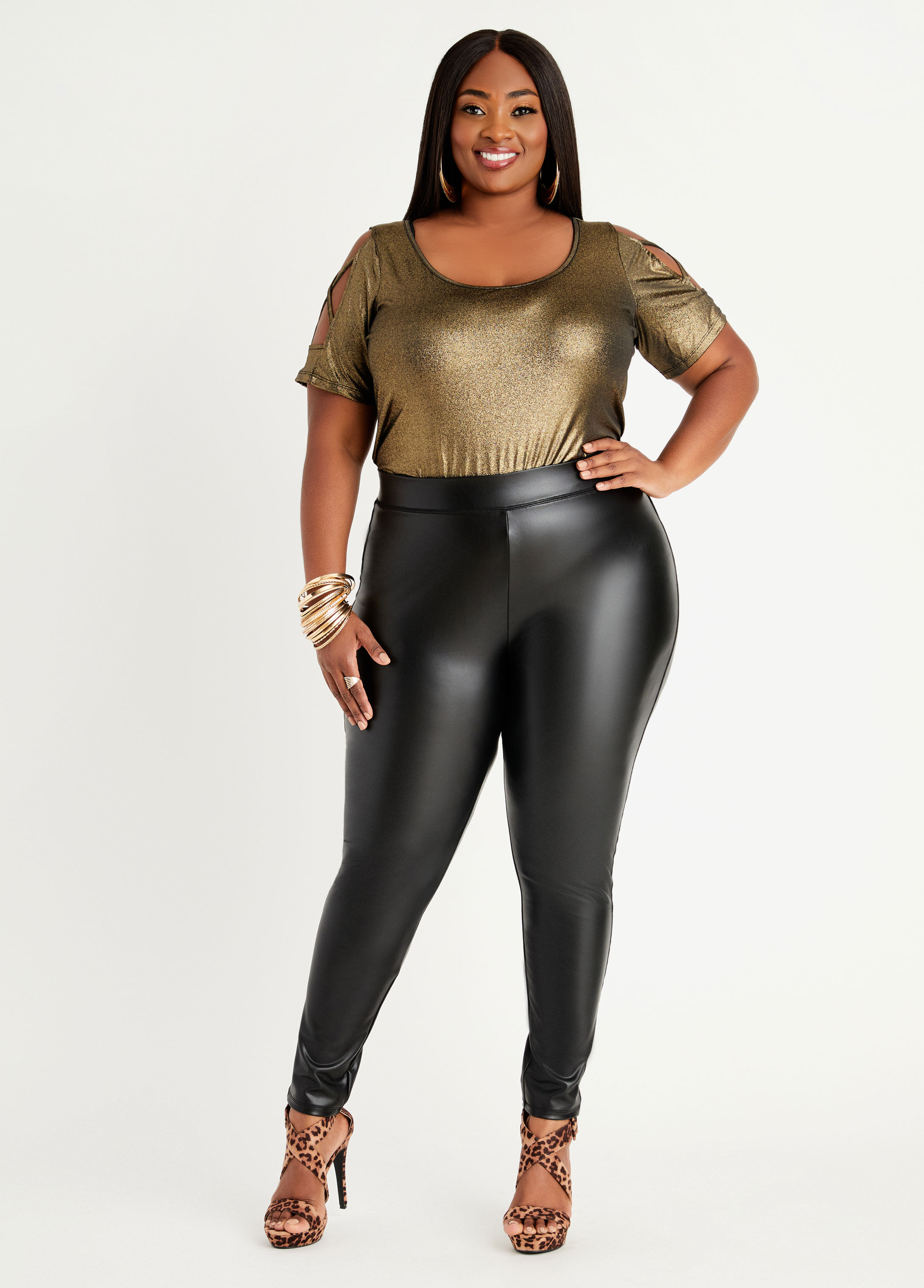 Brown Shiny Leggings|high Waist Faux Leather Leggings For Women - Seamless  Stretch Pencil Pants