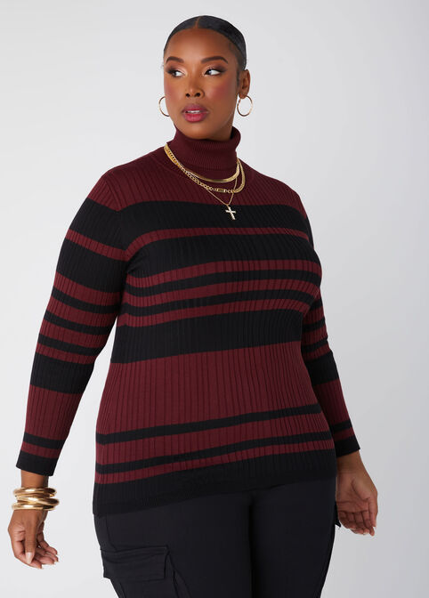 Striped Ribbed Turtleneck Sweater, Tawny Port image number 2