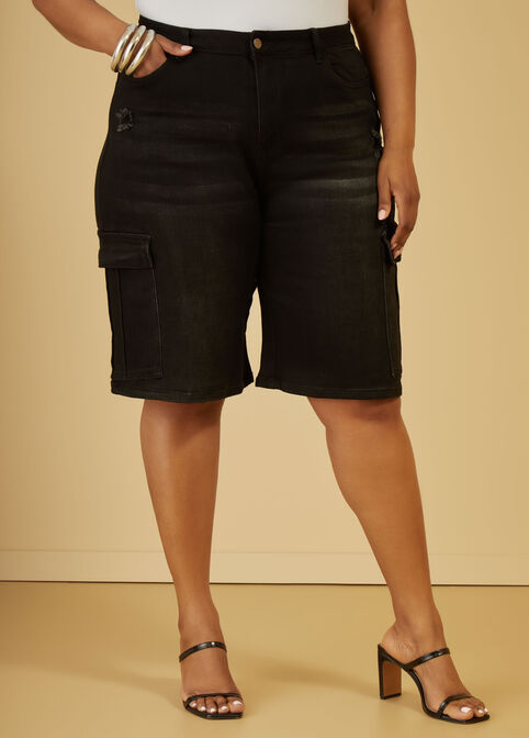 Denim Cargo Bermuda Shorts, Black image number 0