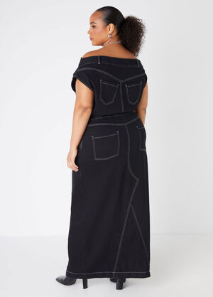 Off The Shoulder Denim Maxi Dress, Black image number 1