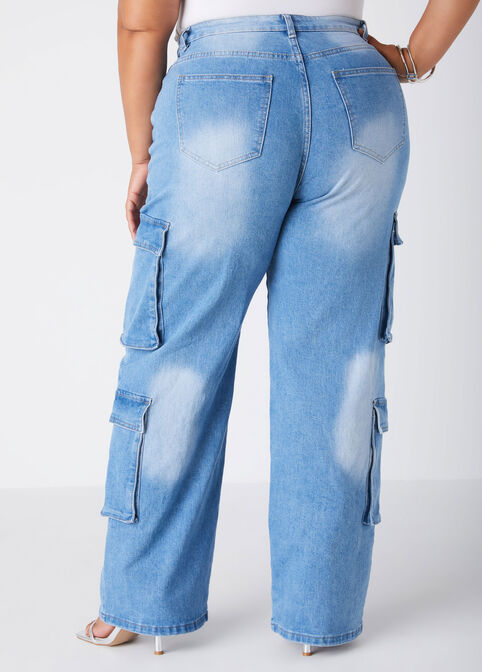 Wide Leg Cargo Jeans, Lt Sky Blue image number 1