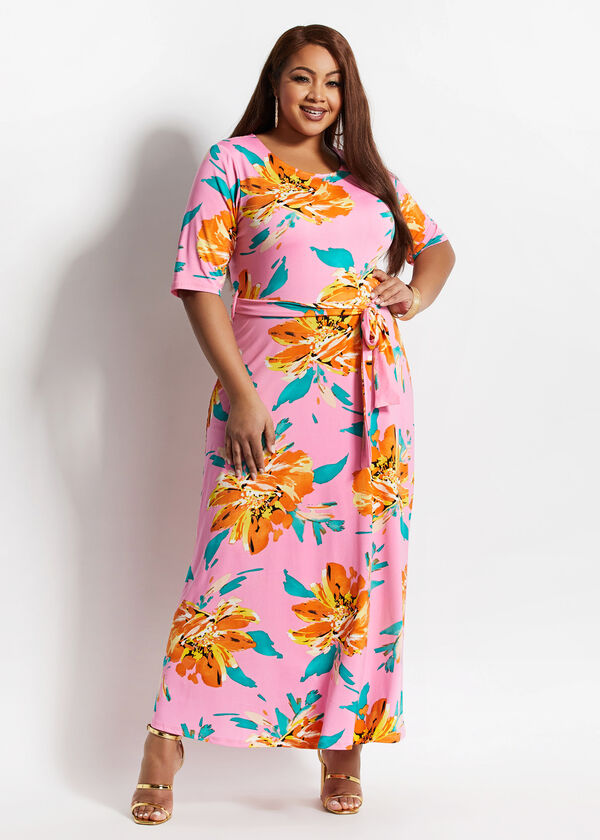 Plus Size Floral Watercolor Belted Waist Elbow Sleeve Maxi Dresses