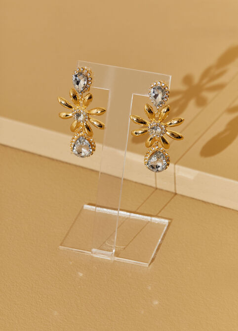 Crystal Flower Clip On Earrings, Gold image number 1