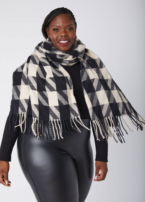 Fringed Houndstooth Scarf, Black Combo image number 0