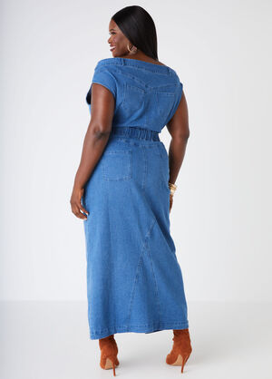 Off The Shoulder Denim Maxi Dress, Denim Blue image number 1