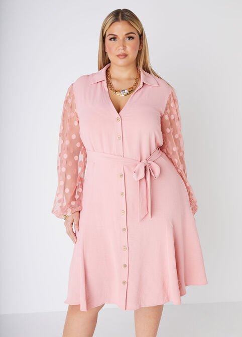 Dotted Mesh Sleeve Shirtdress, Blush image number 0