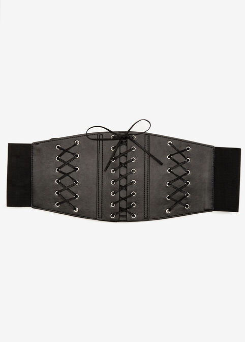 Lace Up Faux Leather Corset Waist Belt, Black image number 1