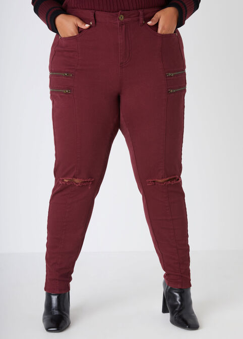 Distressed Zip Detailed Jeggings, Tawny Port image number 0