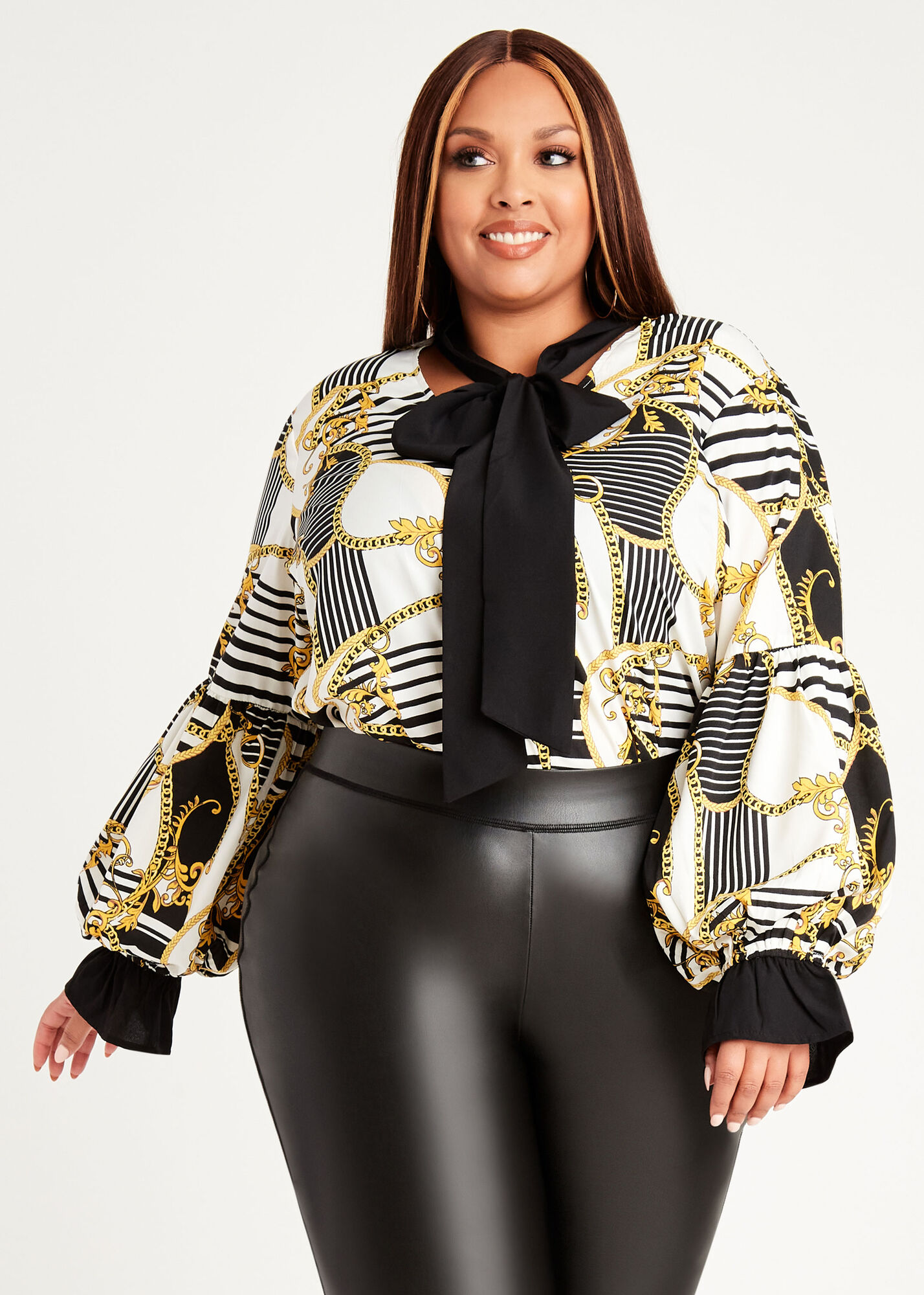 Plus Size Work Tops Plus Size Scarf Printed Tie Neck Button Up Blouse