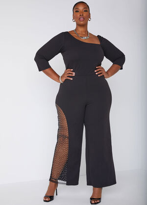 Embellished Mesh Paneled Jumpsuit, Black image number 0